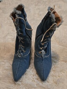 Denim Lace-Up Pointed Ankle Boots - Blue